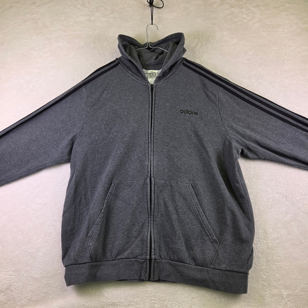 Adidas Mens 2XL Charcoal Grey Full Zip 3 Stripe Hoodie Sweatshirt Jacket